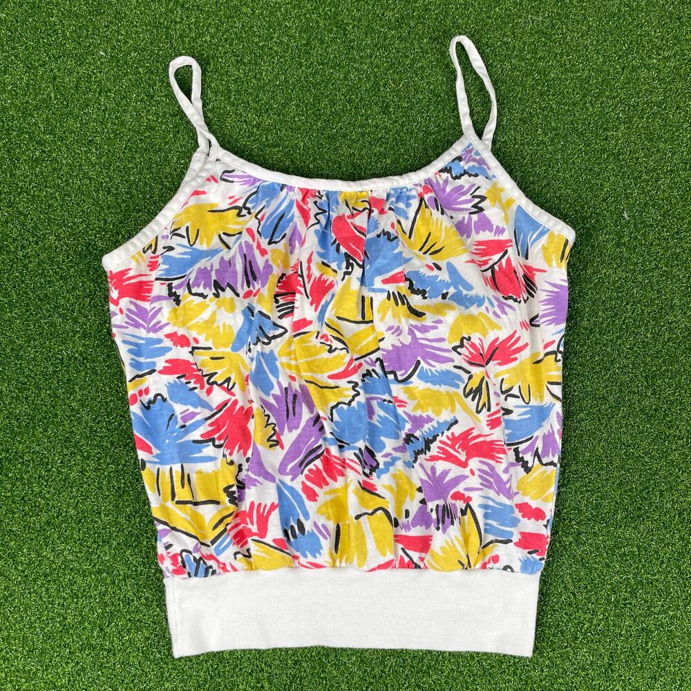 VTG 80s Supportops Floral Ribbed Hem USA Cami Built in Bra Tank Top Sz M - Picture 1 of 5